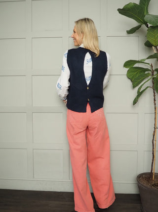 Rae Tank Top with Button Detail - Navy Blue, Off White