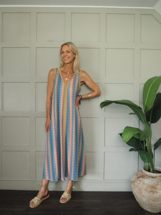 Mizzo Dress with Gold Lurex Detailing - Blue, Green, Khaki, Pink