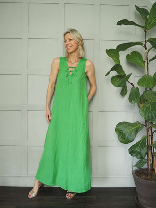 Elicia Linen Mix Sleeveless Maxi, Long Length Dress by Frnch - Emerald Green