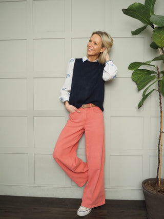 Rae Tank Top with Button Detail - Navy Blue, Off White