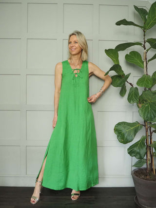 Elicia Linen Mix Sleeveless Maxi, Long Length Dress by Frnch - Emerald Green