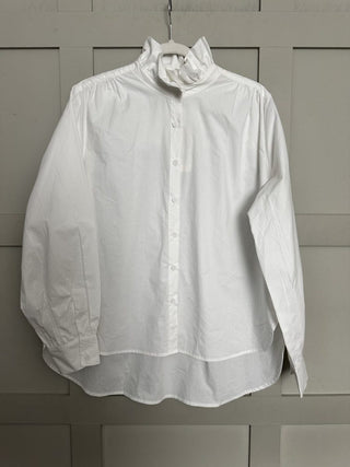 Potter High Neck Long Sleeve Blouse - Chocolate Check, Chocolate Stripe, Denim Blue Stripe, Green Stripe, Off White