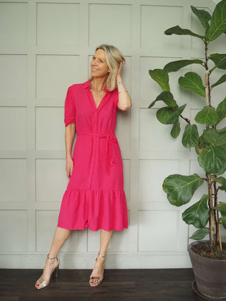 Rae Short Sleeved Dress with Button Front Fastening - Green, Pink