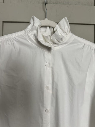 Potter High Neck Long Sleeve Blouse - Chocolate Check, Chocolate Stripe, Denim Blue Stripe, Green Stripe, Off White