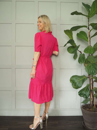 Rae Short Sleeved Dress with Button Front Fastening - Green, Pink