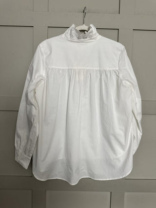 Potter High Neck Long Sleeve Blouse - Chocolate Check, Chocolate Stripe, Denim Blue Stripe, Green Stripe, Off White