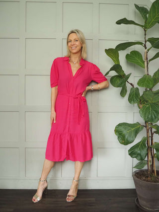 Rae Short Sleeved Dress with Button Front Fastening - Green, Pink