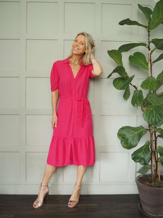 Rae Short Sleeved Dress with Button Front Fastening - Green, Pink