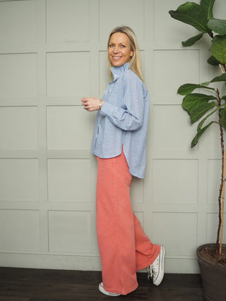 Potter High Neck Long Sleeve Blouse - Chocolate Check, Chocolate Stripe, Denim Blue Stripe, Green Stripe, Off White