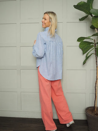 Potter High Neck Long Sleeve Blouse - Chocolate Check, Chocolate Stripe, Denim Blue Stripe, Green Stripe, Off White