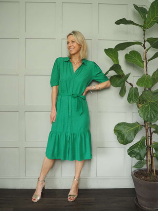 Rae Short Sleeved Dress with Button Front Fastening - Green, Pink