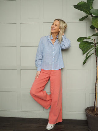 Potter High Neck Long Sleeve Blouse - Chocolate Check, Chocolate Stripe, Denim Blue Stripe, Green Stripe, Off White