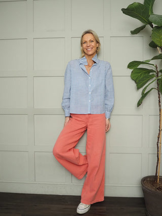 Potter High Neck Long Sleeve Blouse - Chocolate Check, Chocolate Stripe, Denim Blue Stripe, Green Stripe, Off White