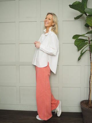 Potter High Neck Long Sleeve Blouse - Chocolate Check, Chocolate Stripe, Denim Blue Stripe, Green Stripe, Off White