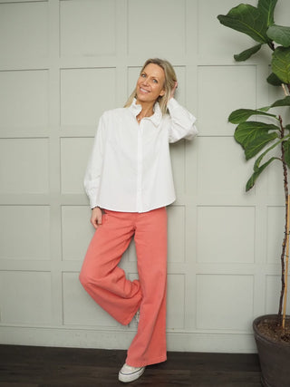 Potter High Neck Long Sleeve Blouse - Chocolate Check, Chocolate Stripe, Denim Blue Stripe, Green Stripe, Off White