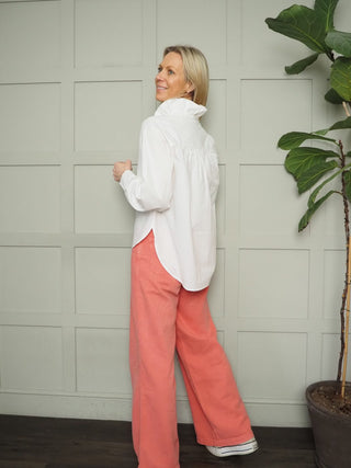 Potter High Neck Long Sleeve Blouse - Chocolate Check, Chocolate Stripe, Denim Blue Stripe, Green Stripe, Off White