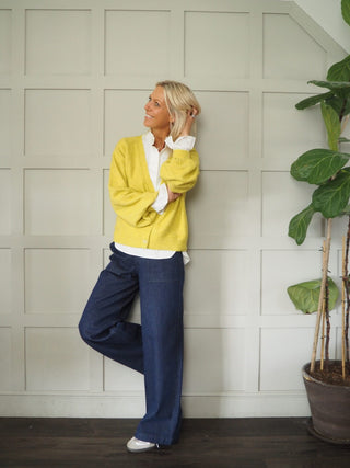 Garbie Cardigan with Full Sleeve, Pleated Cuffs by Saint Tropez - Black, Black/Ecru Stripe, Lime Green and Pink/Brown Stripe