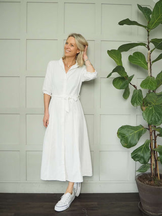 Lucky Maxi Denim Dress with Pie Crust Collar &amp; Front Button Fastening - Black, Ecru