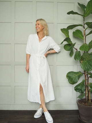 Lucky Maxi Denim Dress with Pie Crust Collar &amp; Front Button Fastening - Black, Ecru