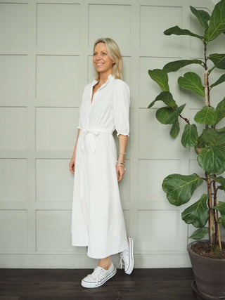 Lucky Maxi Denim Dress with Pie Crust Collar &amp; Front Button Fastening - Black, Ecru