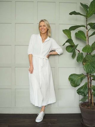 Lucky Maxi Denim Dress with Pie Crust Collar &amp; Front Button Fastening - Black, Ecru