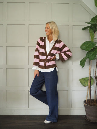 Garbie Cardigan with Full Sleeve, Pleated Cuffs by Saint Tropez - Black, Black/Ecru Stripe, Lime Green and Pink/Brown Stripe