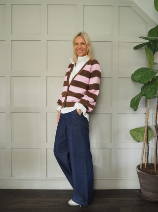 Garbie Cardigan with Full Sleeve, Pleated Cuffs by Saint Tropez - Black, Black/Ecru Stripe, Lime Green and Pink/Brown Stripe