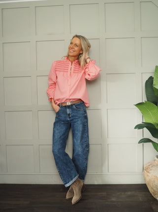 Gresham Blouse with Smocking and Scallop Detail  - Pink/Red, White/Navy