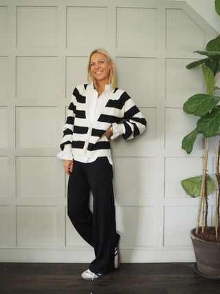 Garbie Cardigan with Full Sleeve, Pleated Cuffs by Saint Tropez - Black, Black/Ecru Stripe, Lime Green and Pink/Brown Stripe