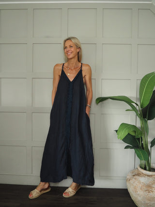 Kimberly Linen Dress - Khaki, Navy Blue