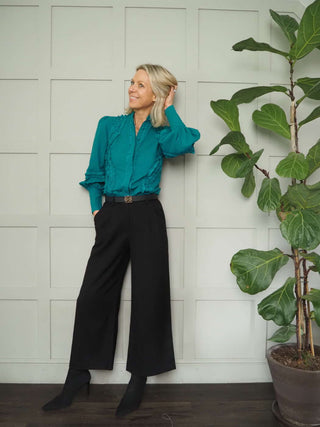 Filli Long Sleeve Blouse with Frill Detail - Brown and Turquoise