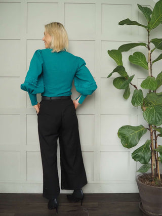 Filli Long Sleeve Blouse with Frill Detail - Brown and Turquoise