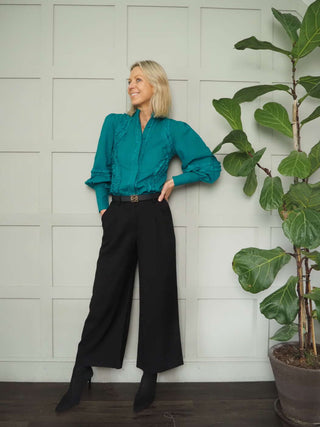 Filli Long Sleeve Blouse with Frill Detail - Brown and Turquoise