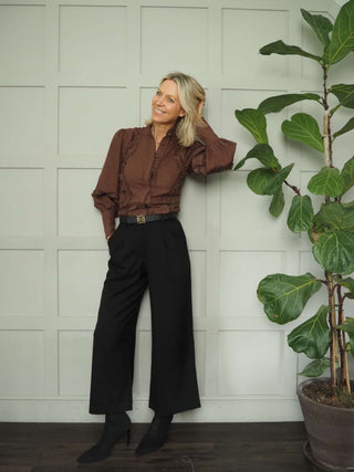 Filli Long Sleeve Blouse with Frill Detail - Brown and Turquoise