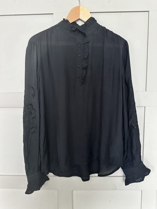 Greya Pie Crust Collar, Long Sleeve Blouse with Broderie Anglaise Detail by Saint Tropez - Black