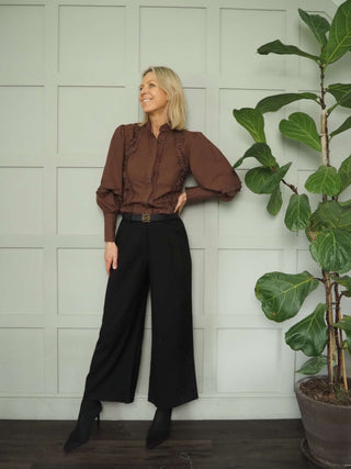 Filli Long Sleeve Blouse with Frill Detail - Brown and Turquoise