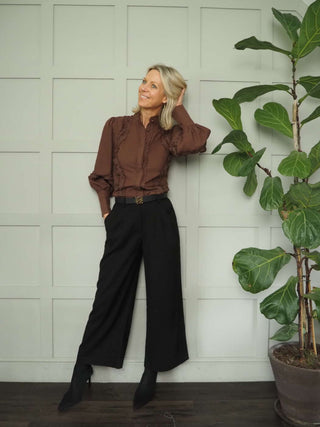 Filli Long Sleeve Blouse with Frill Detail - Brown and Turquoise