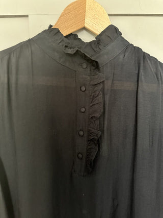 Greya Pie Crust Collar, Long Sleeve Blouse with Broderie Anglaise Detail by Saint Tropez - Black