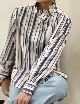 Potter High Neck Long Sleeve Blouse - Blue/Red/Off White Stripe, Chocolate Check, Chocolate Stripe, Denim Blue Stripe, Green Stripe, Off White