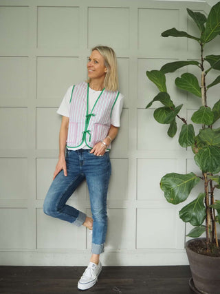 Alaina Reversible Striped Cotton Gilet with Front Tie Fastening &amp; Pockets, by Frnch - Green/White Stripes &amp; Pink/White Stripes
