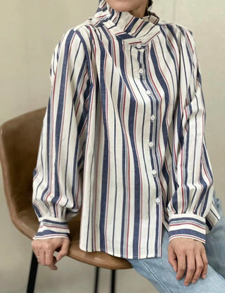 Potter High Neck Long Sleeve Blouse - Blue/Red/Off White Stripe, Chocolate Check, Chocolate Stripe, Denim Blue Stripe, Green Stripe, Off White