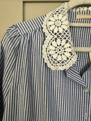 Louise Stripe Blouse with Lace Collar - Blue/White