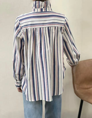Potter High Neck Long Sleeve Blouse - Blue/Red/Off White Stripe, Chocolate Check, Chocolate Stripe, Denim Blue Stripe, Green Stripe, Off White
