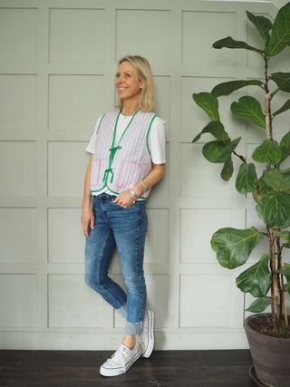 Alaina Reversible Striped Cotton Gilet with Front Tie Fastening &amp; Pockets, by Frnch - Green/White Stripes &amp; Pink/White Stripes