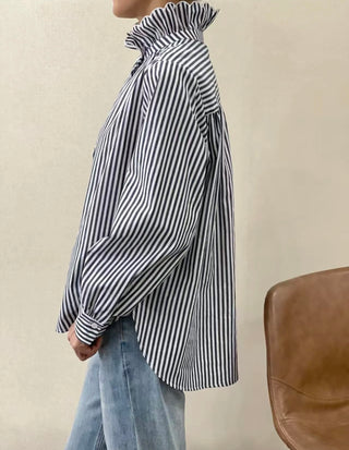 Firle Stripe Blouse with High Scalloped Collar - Blue, Red