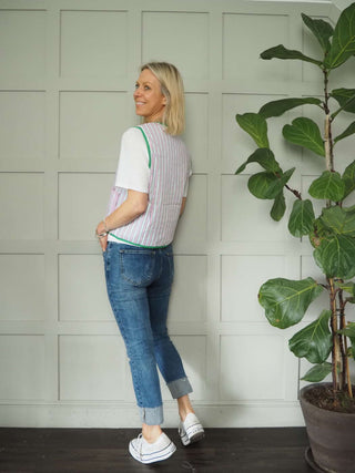 Alaina Reversible Striped Cotton Gilet with Front Tie Fastening &amp; Pockets, by Frnch - Green/White Stripes &amp; Pink/White Stripes