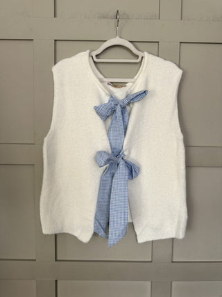 Zara Super Soft Sleeveless Cardigan with Gingham Ties - Baby Blue, Off White