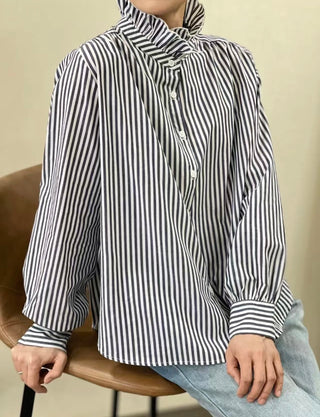 Firle Stripe Blouse with High Scalloped Collar - Blue, Red