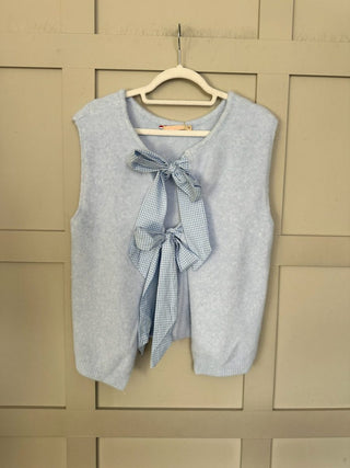 Zara Super Soft Sleeveless Cardigan with Gingham Ties - Baby Blue, Off White