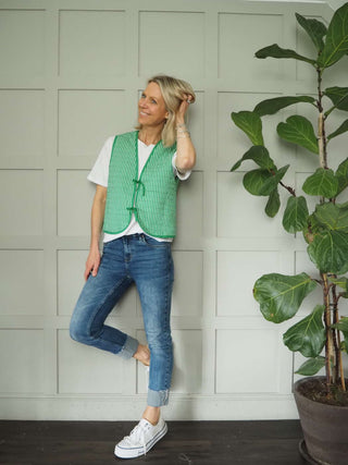 Alaina Reversible Striped Cotton Gilet with Front Tie Fastening &amp; Pockets, by Frnch - Green/White Stripes &amp; Pink/White Stripes